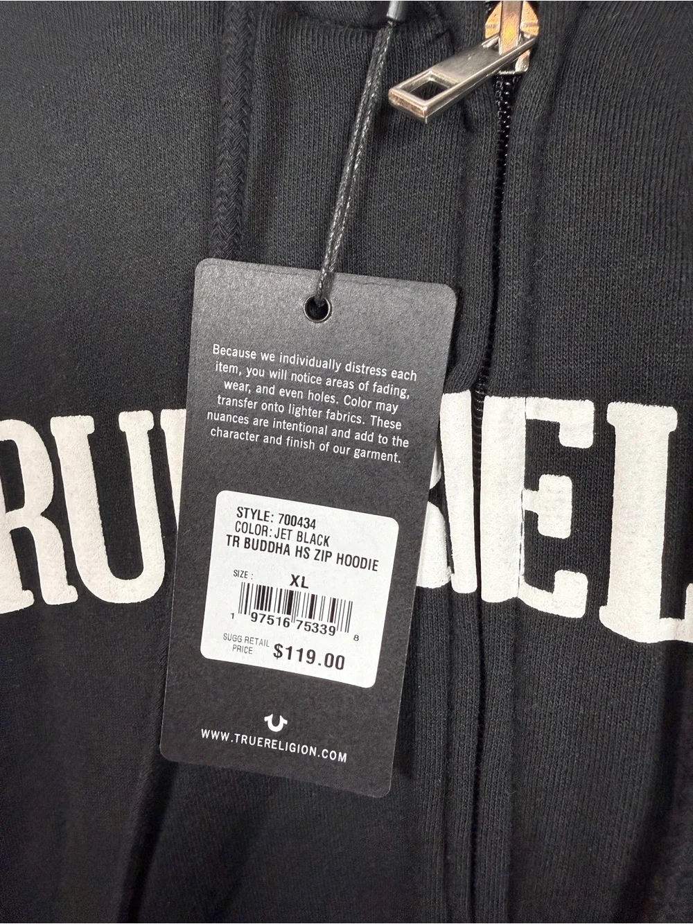 True Religion Mens Hoodie XL Black Zip Up Buddha Full Zip Sweatshirt NWT Jacket
